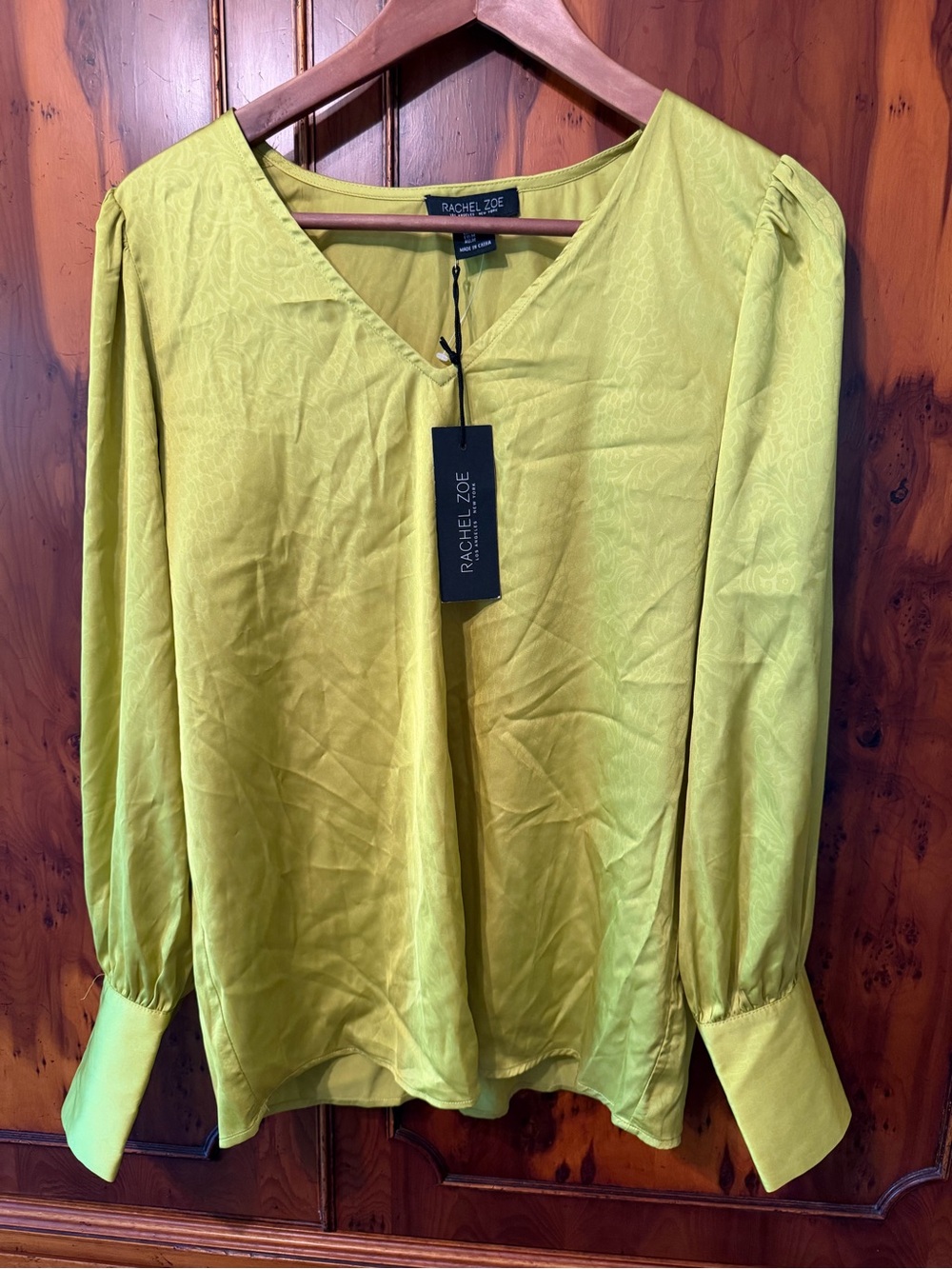 Rachel Zoe Chartreuse V-Neck Long Sleeve Blouse NWT Sz Medium